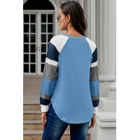 Color Block Long Sleeves Blue Pullover Top