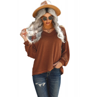 Brown Billowed Sleeve Thermal Knit Top