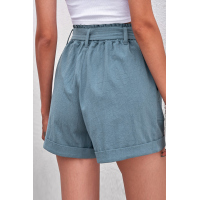 Sewn Cuffed Hemline Pocketed Cargo Shorts with Belt