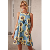 Blue Sunflower Print Tank Dress