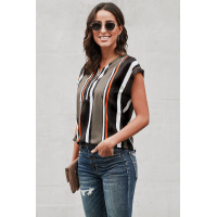 Black V Neck Stripes Roll up Short Sleeve Zip Up Blouse