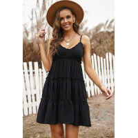 Black Spaghetti Straps Ruched Ruffled Mini Dress