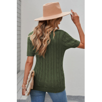 Green Cable Knit Short Sleeve Top with Buttons