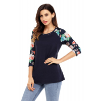 Floral Print Raglan Sleeve Black Top