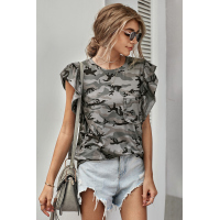 Gray Camouflage Print Ruffled Cap Sleeve T-shirt