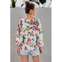 Multicolor Floral Printed Deep V Neck Tie Front Blouse