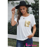 Sequin Pocket White Short Sleeve T-shirt