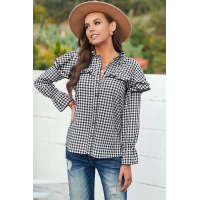 Black Plaid Button Ruffle Shirt