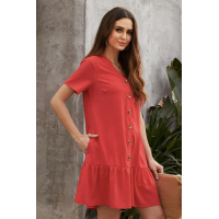 Red Pocketed Button Ruffle Dress