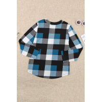 Sky Blue Contrast Plaid V Neck Long Sleeve Top