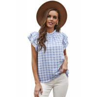 Light Blue Plaid Ruffled Short Sleeves Tee