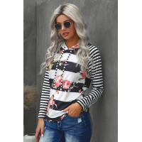 Black Floral Print Stripe Hooded Drawstring Long Sleeve Top