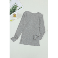 Gray Scoop Neck Buttoned Front Long Sleeve Knitted Top