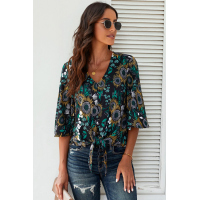 Black Floral Print Button Tie Top