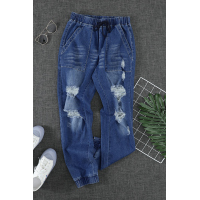 Blue Pocketed Distressed Denim Joggers