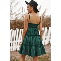 Green Spaghetti Straps Ruched Ruffled Mini Dress