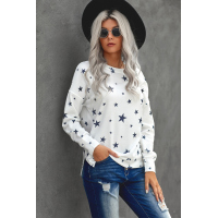 White Round Neck Star Print Long Sleeve Top