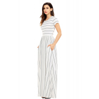 Grey Striped Ivory Short Sleeve Maxi Dress