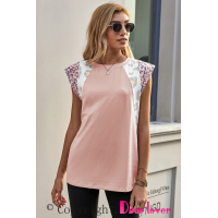 Pink Leopard Cap Sleeve Casual Top