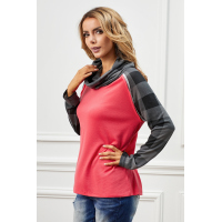 Red Cowl Neck Plaid Splice Casual Long Sleeve Top