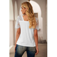 White Sweet Side Lace Deep V Neck Top T-shirt