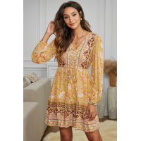 Yellow V-neck Floral Print Long Sleeve Tunic Mini Dress