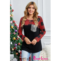 Plaid Print Patchwork Black Long Sleeve Top