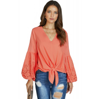 Coral Pink Rhapsody Cotton Balloon Sleeve Tie Top