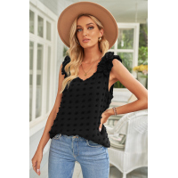 Black Swiss Dot Woven Sleeveless Top With Ruffled Straps