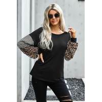 Black Leopard Striped Print Sleeve Colorblock Top