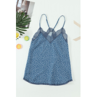 Blue Spaghetti Strap Printed Lace Tank Top