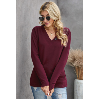 Wine V-neck Button Solid Color Long Sleeve Top