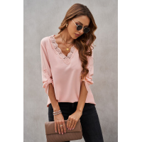 Pink Lace V Neck 3/4 Sleeves Blouse