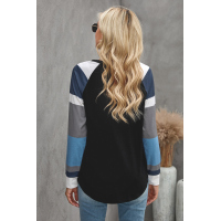 Black Color Block Striped Pocket Long Sleeve Top