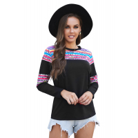 Black Crew Neck Ethnic Stripe Leopard Splicing Top