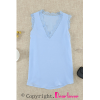 Sky Blue Sleeveless Eyelash Lace V Neck Tank Top