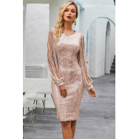 Nude Sequin Tassel Sleeve Bodycon Prom Dress