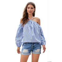 Blue Striped Off Shoulder Halter Blouse