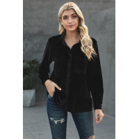 Black Retro Velvet Pocket Long Sleeve Shirt