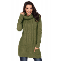 Olive Cowl Neck Cable Knit Sweater Dress