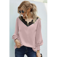 V Neck Lace Patchwork Pink Blouse