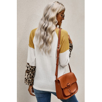 Leopard Long Sleeve Waffle Knit White Blouse with Twist Knot