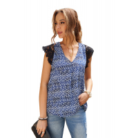 Blue Print Lace Shoulder Tank Top