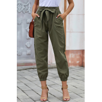 Green Solid Color Frock-style Pants with Belt