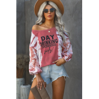 Pink Letter Print Cut-out Tie Dye Lantern Long Sleeve Top