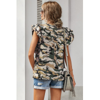 Green Camouflage Print Ruffled Cap Sleeve T-shirt