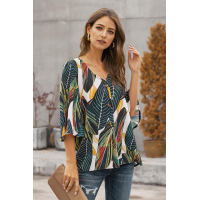 Green Tropical Leaf Print Button Up Blouse