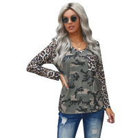 Leopard Camo Splicing Print V Neck Long Sleeve Top