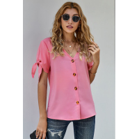 Pink Casual Tie Knot Short Sleeve V-Neck Button Chiffon Blouse