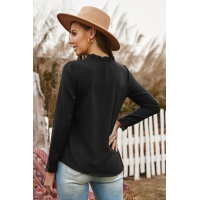 Black Frilled Neckline Buttoned French Shirt